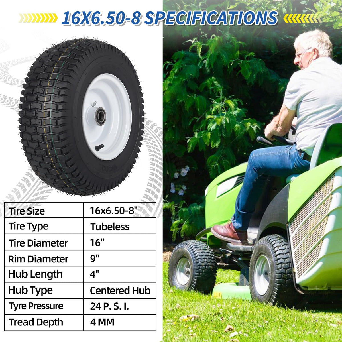 GICOOL 20x8.00-8 Lawn Mower Tire and Wheel, 4 Ply Tubeless Tire, 20x8-8nhs Riding Lawn Mower and Tractor Rear Tire and Wheel Assemblies, 3.5" Offset Hub, 3/4" Borehole, and 3/16" Keyway