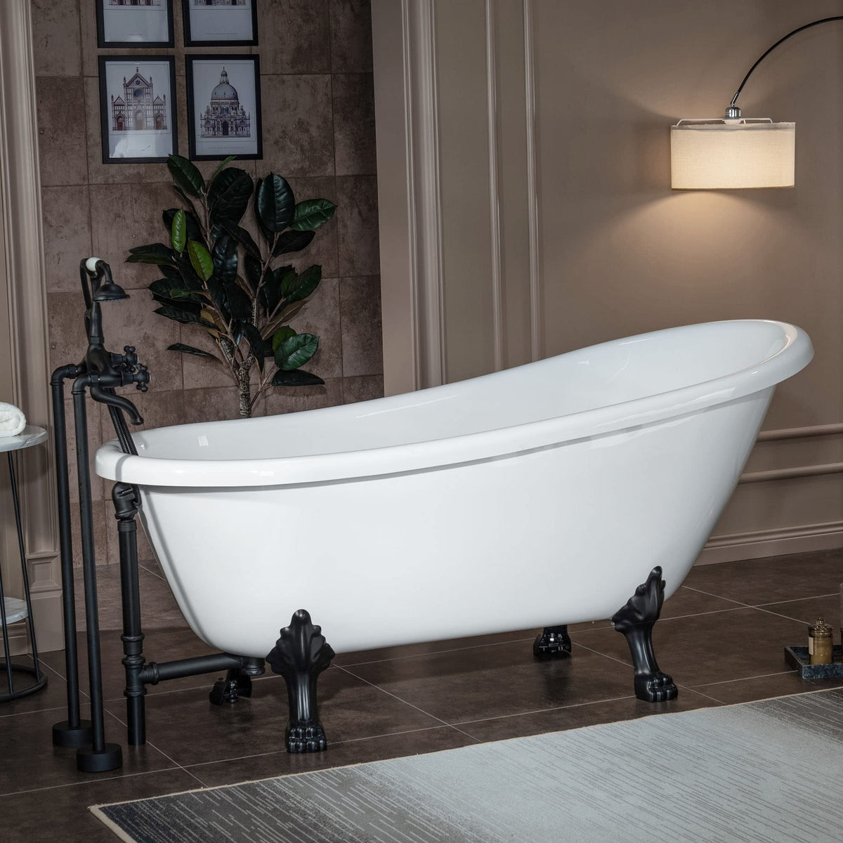 WOODBRIDGE 67" Heavy Duty Acrylic Slipper Clawfoot Bath Tub with Matte Black Feet + Matte Black Drain &Overflow