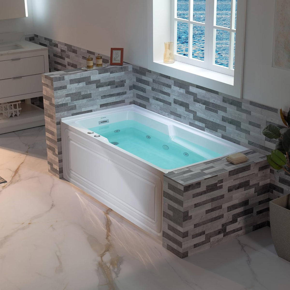 WOODBRIDGE 60" Alcove Acrylic Rectangular Whirlpool Heated Jetted Tub in White with Left Drain, Chrome pop-up Drain Included BS6030L