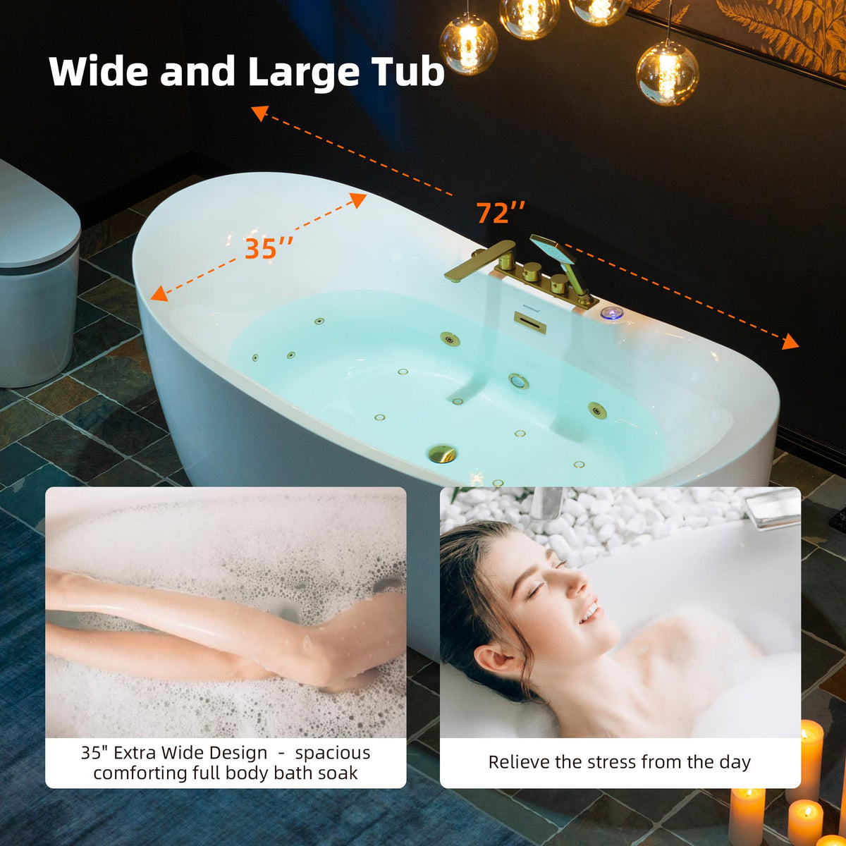 WOODBRIDGE 72"Ã35-3/8" Double Slipper Whirlpool&Air, Heated Soaking Bathtub