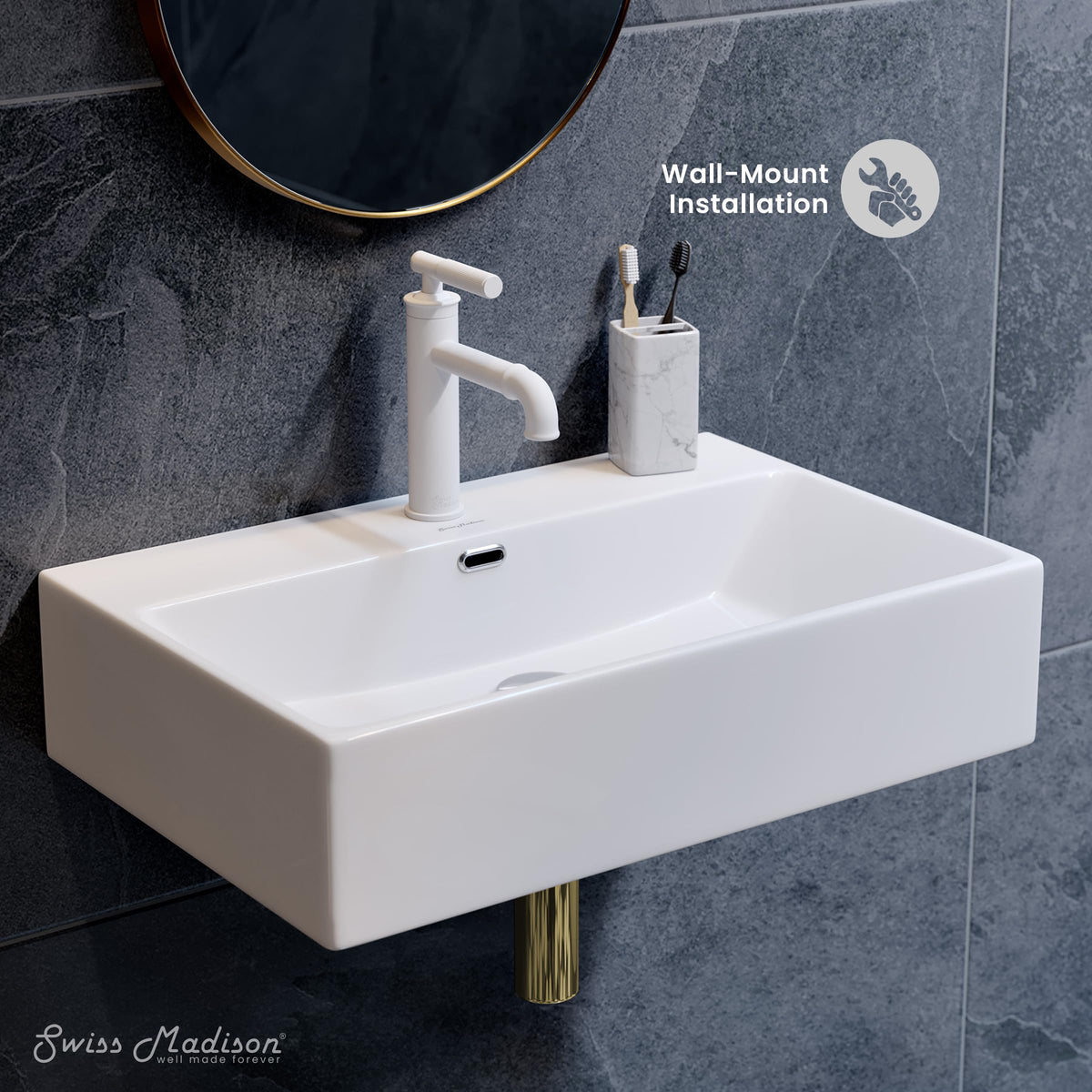 Claire 30" Rectangle Wall Mount Bathroom Sink in Glossy White