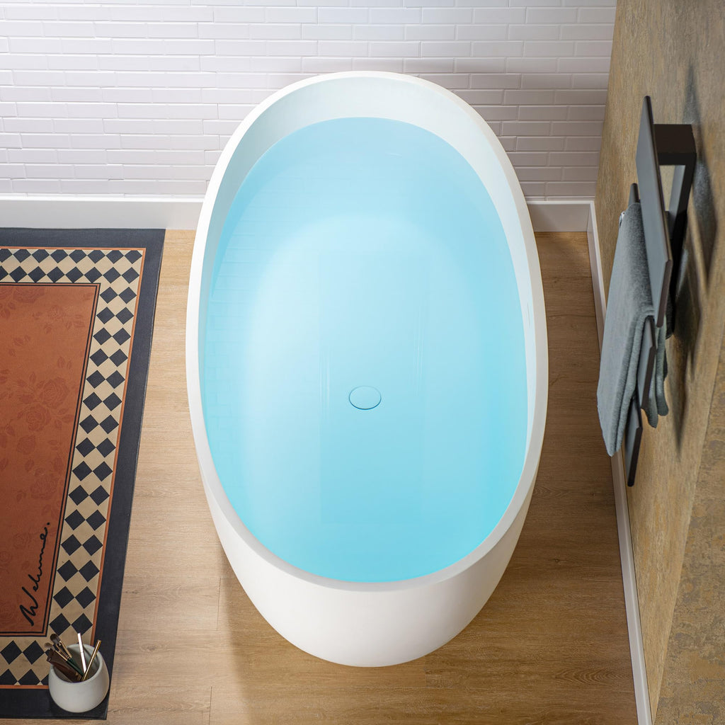 WOODBRIDGE 61" Stone Resin Freestanding Soaking Tub, Modern Oval Solid Surface Bathtub with Integrated Slotted Overflow & Drain, Matte White