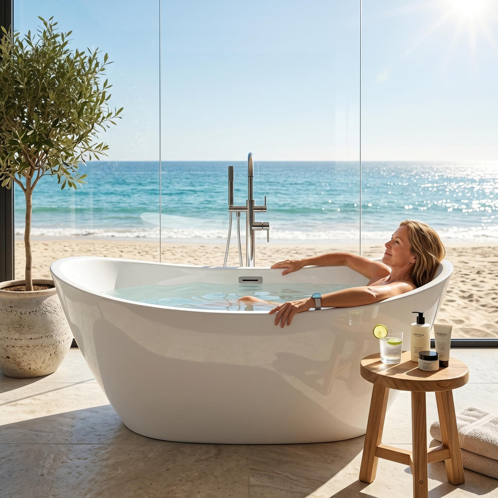 59" Acrylic Freestanding Soaking Bathtub, Deep Ergonomic Design with Lumbar Support, Integrated Overflow Drain, Non-Slip Base,cUPC Certified Modern Bathroom Tub, Easy Installation for Bathroom