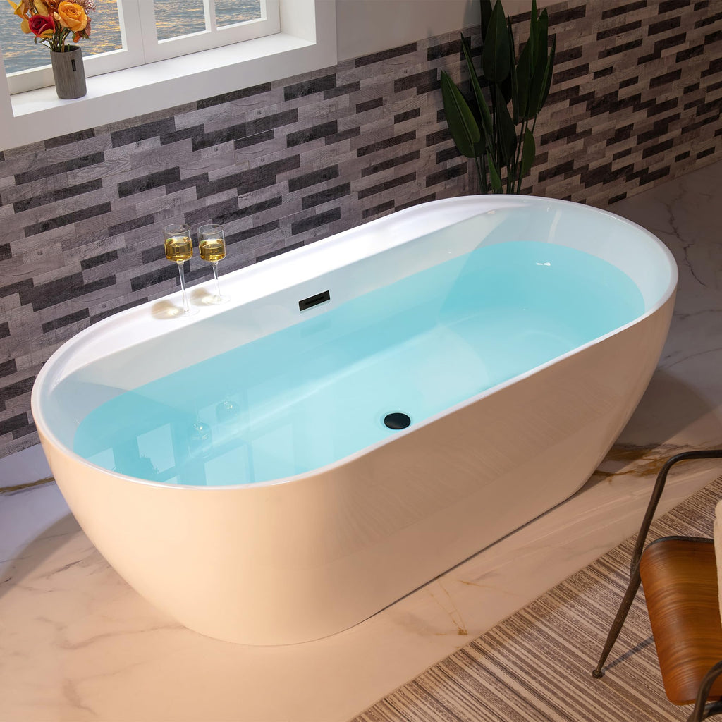 WOODBRIDGE 72" Acrylic Freestanding Bathtub Contemporary Soaking White Tub with Brushed Nickel Overflow and Drain,B0059BN