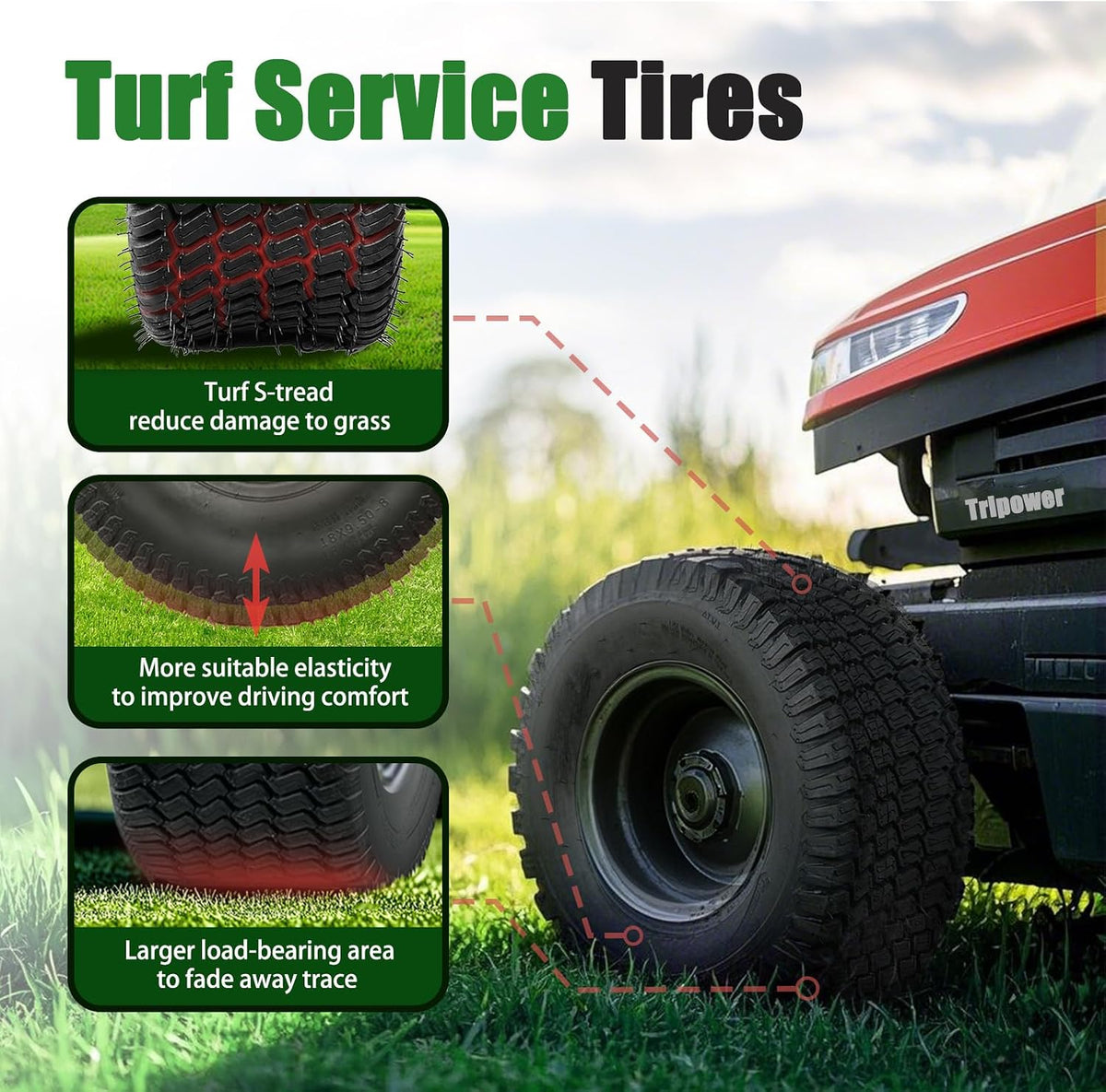 TRIPOWER 24x9.50-12 Lawn Mower Tire, 1 Pack Single Replacement Tire, 4PR Tubeless Turf Tire for Riding Mowers and Garden Tractors, Tire Only, Rim Not Included