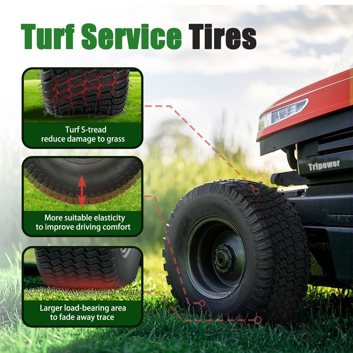 TRIPOWER 24x9.50-12 Lawn Mower Tire, 1 Pack Single Replacement Tire, 4PR Tubeless Turf Tire for Riding Mowers and Garden Tractors, Tire Only, Rim Not Included
