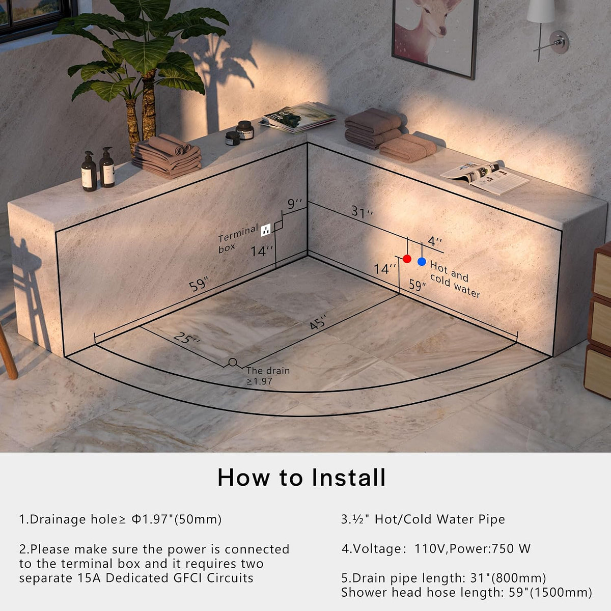 Empava 59" Corner Whirlpool Bathtub for 2-Person, Luxury Jetted Spa Tub