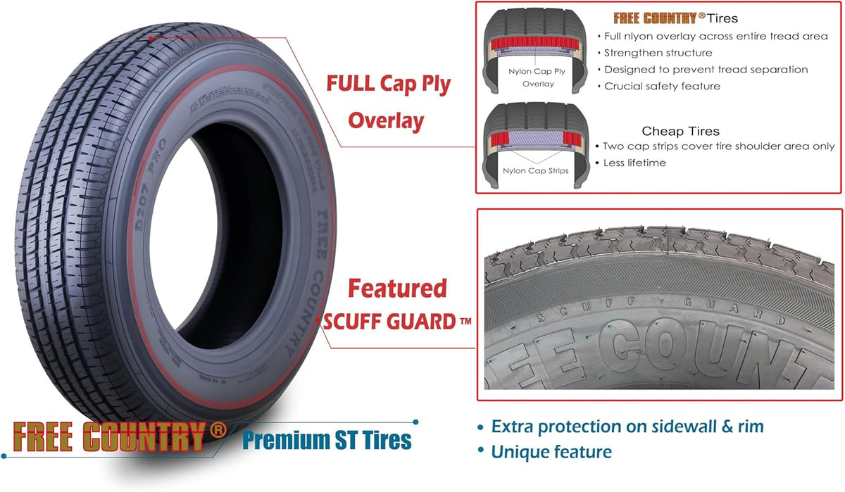 FREE COUNTRY Trailer Tire ST225/75R15 Radial 10PR LR E 117N w/Scuff Guard