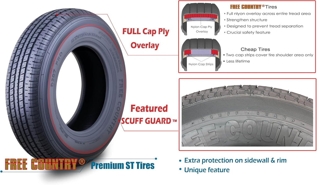 Free Country ST205/75R15 Prem Trailer Tires 8PR LR D 107N w/Scuff Guard, S2