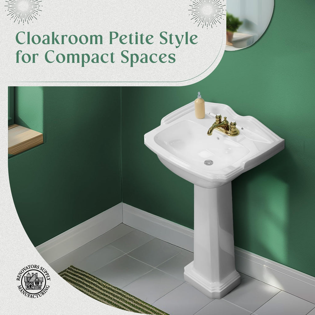 Renovators Supply Manufacturing Ondine Space Saving 16" W x 33" H x 14.5" Proj. Small Bathroom Pedestal Sink, Vitreous China, with Overflow, Compatible with 4 in. Centerset Faucets