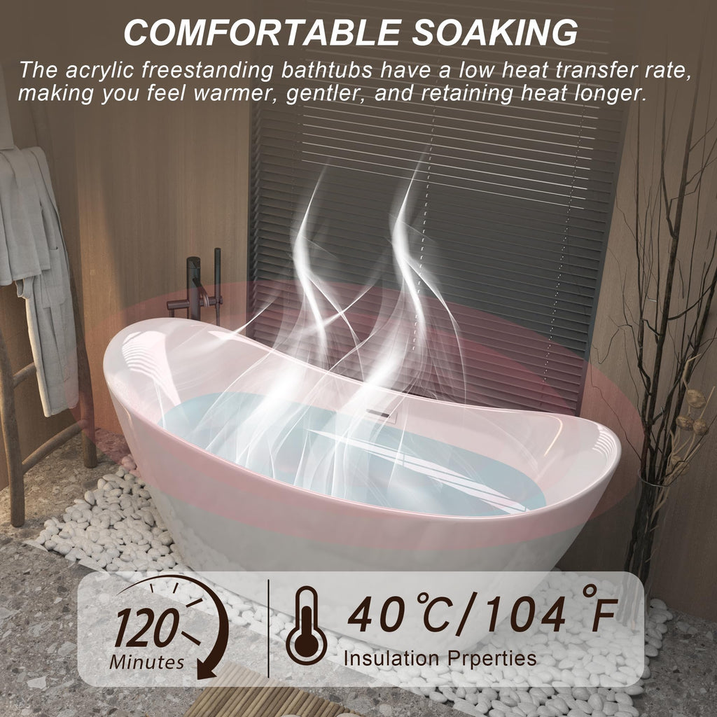 GDFStudio 67" Acrylic Freestanding Bathtub with Diamond Pattern, Modern Oval Soaking Tub, Freestanding Bath Spa Tub, Brushed Nickel Overflow & Pop-Up Drain, cUPC Certified, Glossy White