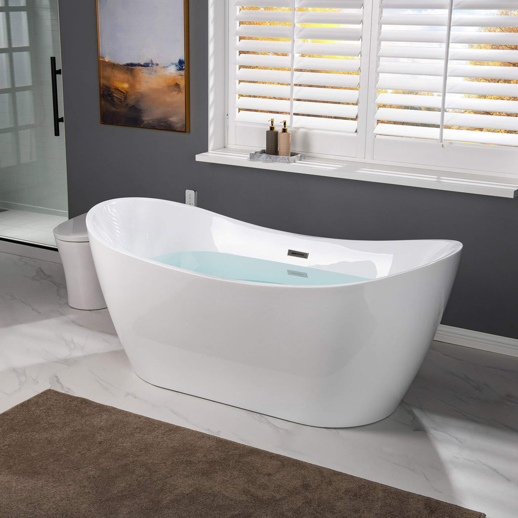 WOODBRIDGE 67" Acrylic Freestanding Bathtub Contemporary Soaking White Tub with Matte Black Overflow and Drain,B0010-MB-Drain &O