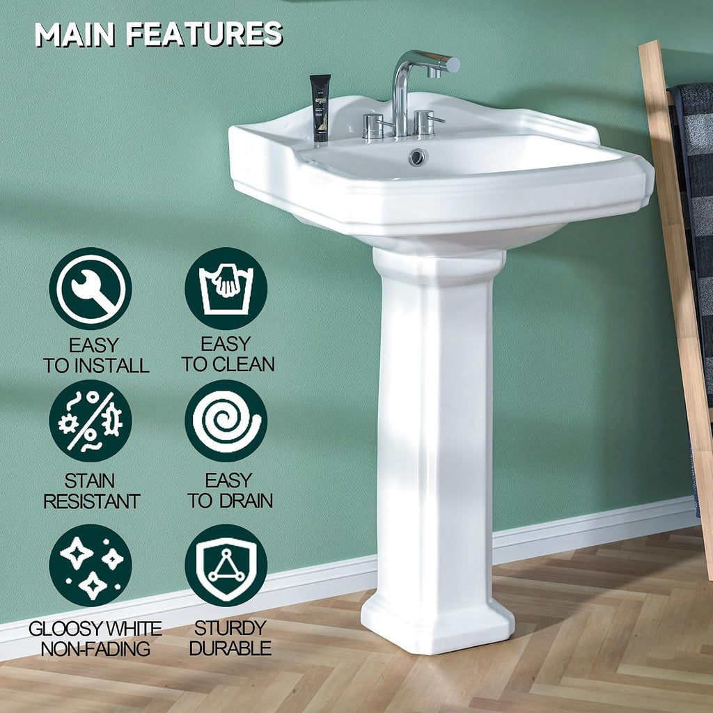Miuara Freestanding 23 x19 Inch White Pedestal Sink 3 Hole for Bathroom