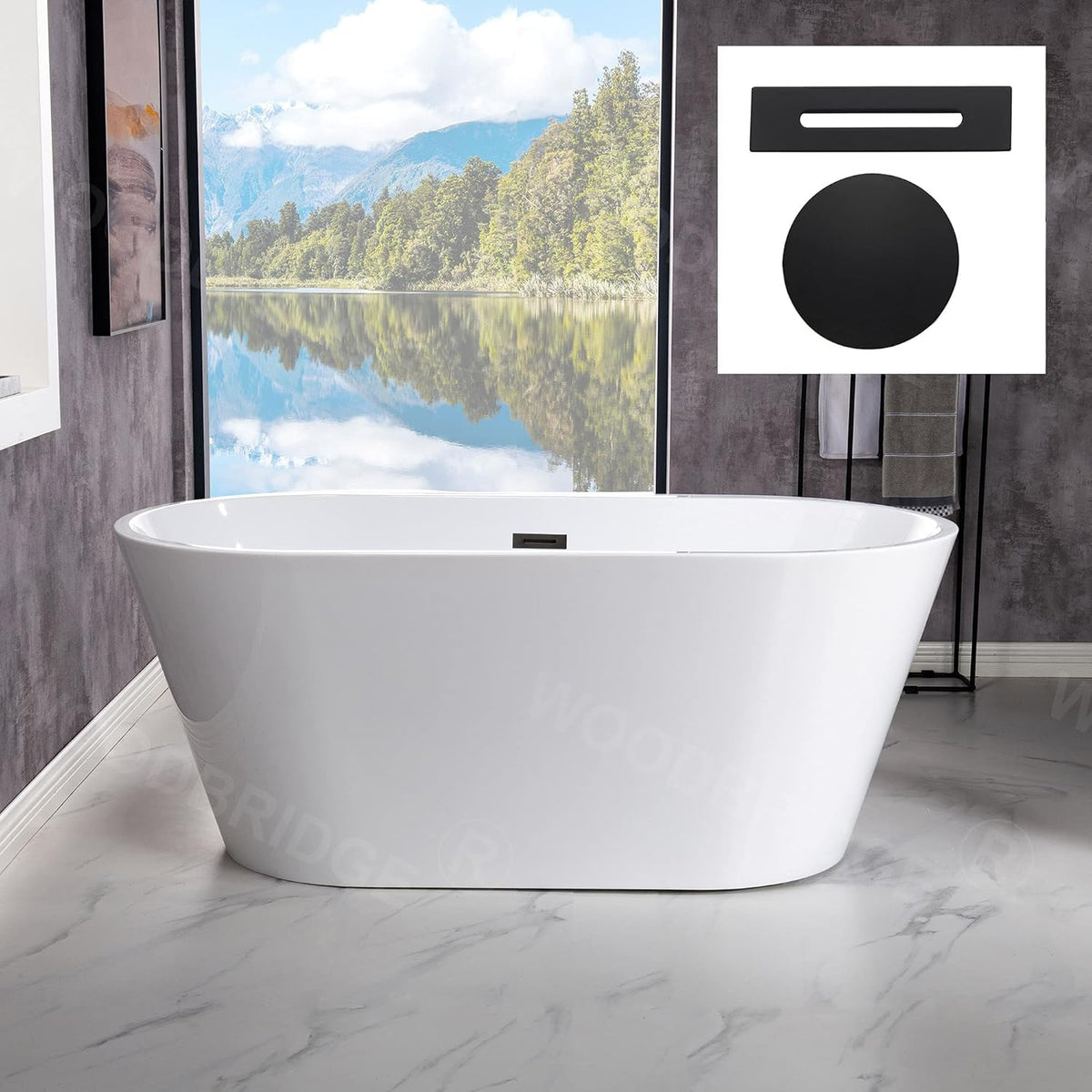 WOODBRIDGE 54" Acrylic Freestanding Bathtub Contemporary Soaking White Tub with Matte Black Overflow and Drain,BTA1702-MB