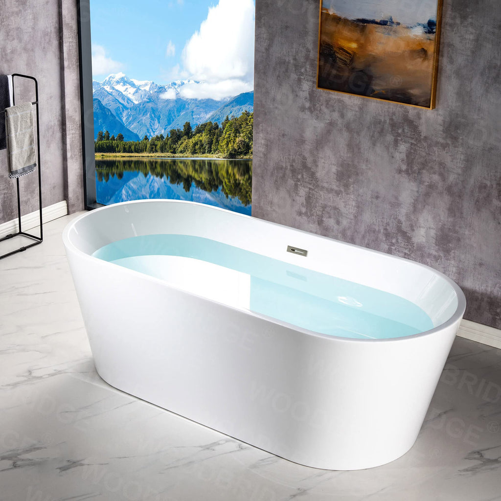 WOODBRIDGE 54" Acrylic Freestanding Bathtub Contemporary Soaking White Tub with Matte Black Overflow and Drain,BTA1702-MB