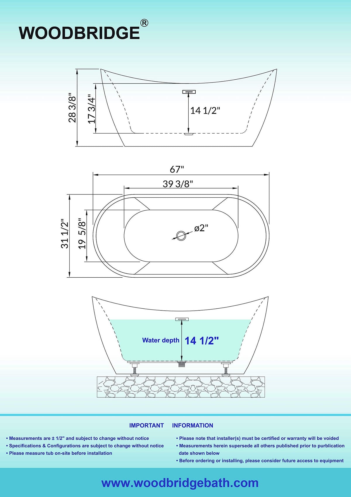 WOODBRIDGE 67" Acrylic Freestanding Bathtub Contemporary Soaking White Tub with Matte Black Overflow and Drain,B0010-MB-Drain &O