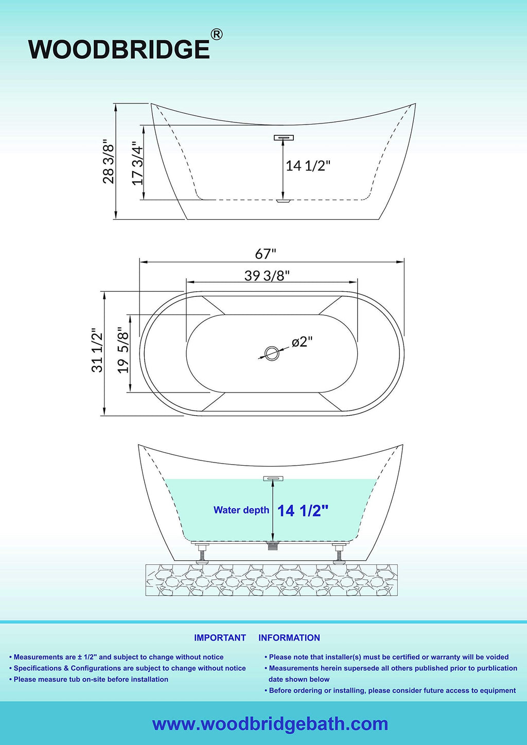 WOODBRIDGE 67" Acrylic Freestanding Bathtub Contemporary Soaking White Tub with Matte Black Overflow and Drain,B0010-MB-Drain &O