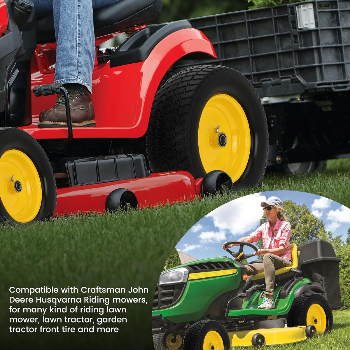2 Pack 15x6.00-6 Flat Free Lawn Mower Tire and Wheel, 15" Solid Front Tires with 3" Centered Hub, 3/4" & 5/8" Bearings and 1" Bushings, Compatible with John Deere Husqvarna Riding Mowers Lawn Tractors
