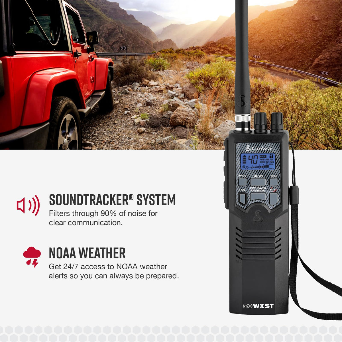 Cobra HHRT50 Road Trip CB Radio - 2-Way Handheld Emergency Radio with Access to Full 40 Channels & NOAA Alerts, Rooftop Magnet Mount Antenna and Omni-Directional Microphone, Black, 6.3" x 2" x 1.75"