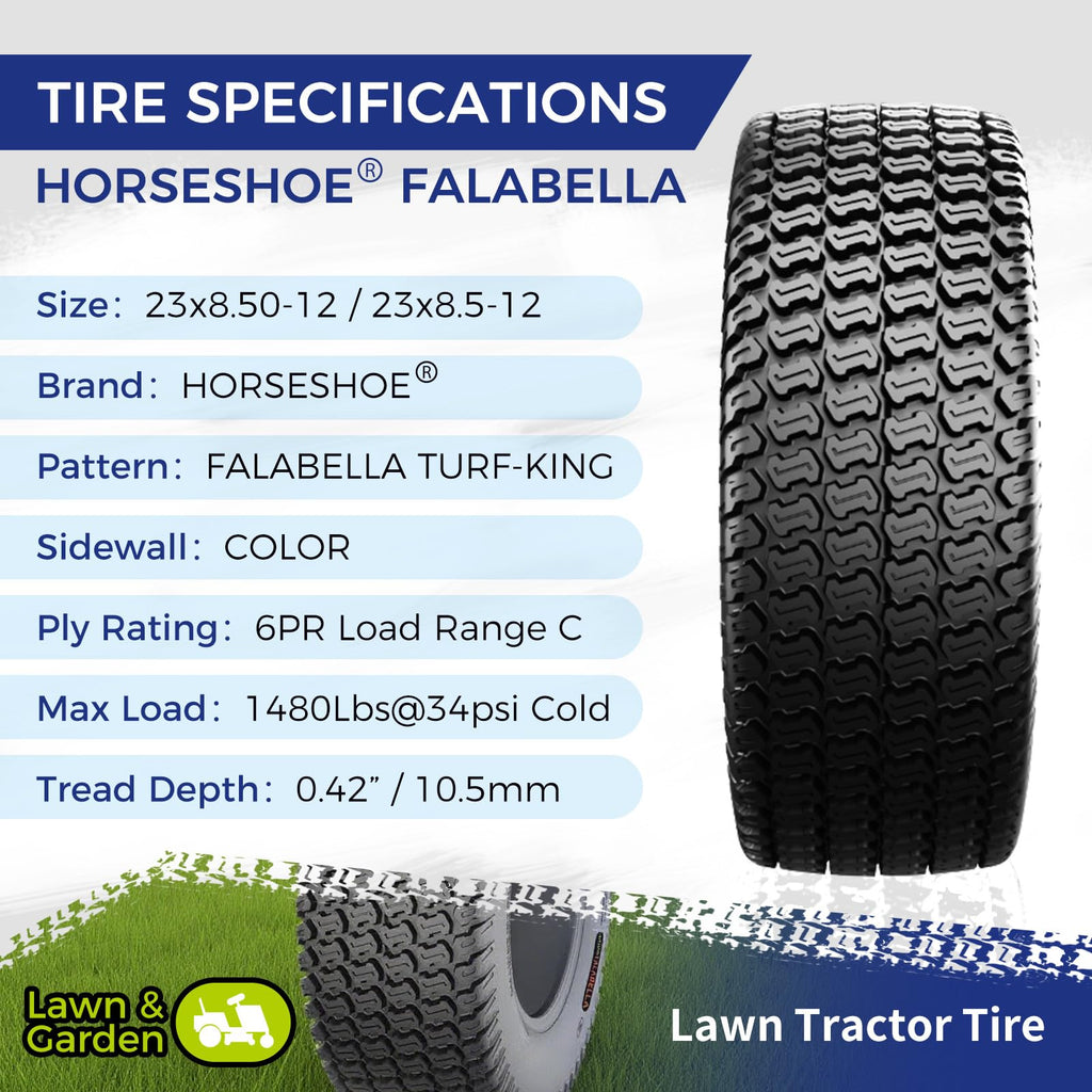 HORSESHOE FALABELLA (2-Pcs) 24X9.50-12 6-PLY LRC Lawn Mower 24x9.5x12 Riding Machine Golf Carts 24x9.5-12 Turf Equipment & Tractors Tires, Heavy Duty Turf-King, Color Sidewall