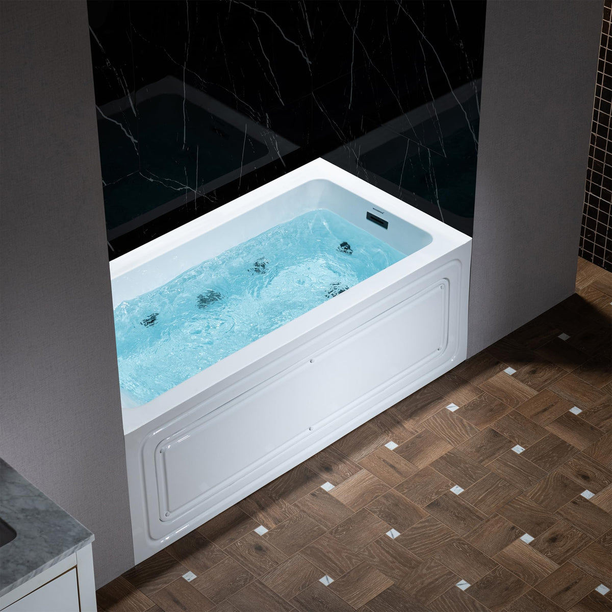 WOODBRIDGE 60" x 32" Alcove Acrylic Rectangular Whirlpool Heated Jetted Tub in White with Left Drain, Matte Black Finish, BS429-L-MB02