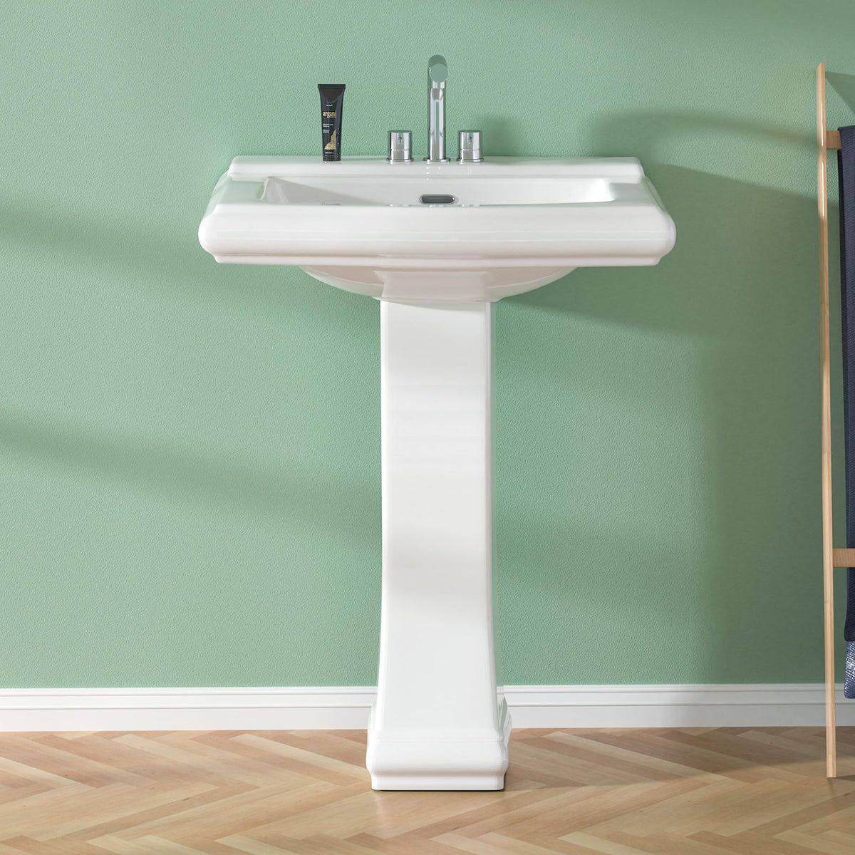 Miuara Freestanding 23 x19 Inch White Pedestal Sink 3 Hole for Bathroom