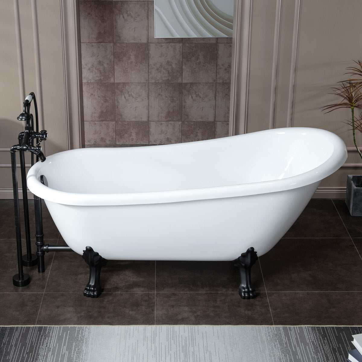 WOODBRIDGE 67" Heavy Duty Acrylic Slipper Clawfoot Bath Tub with Matte Black Feet + Matte Black Drain &Overflow