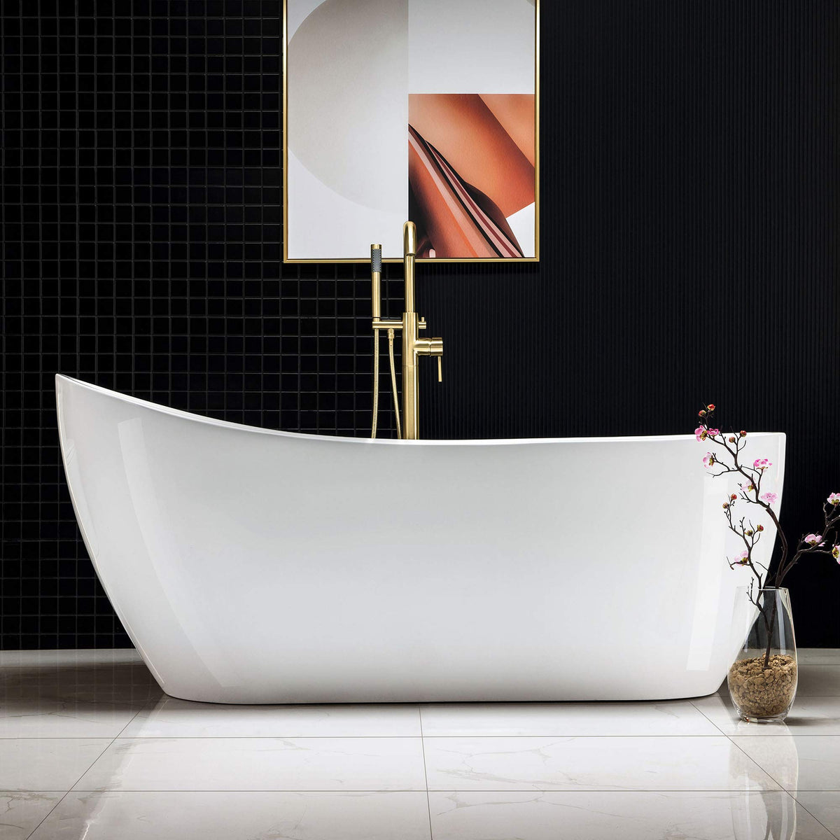 WOODBRIDGE 54"Freestanding White Acylic Soaking Bathtub with Brushed Nickel Drain and Overflow,BTA1507 -B/N-Drain &O