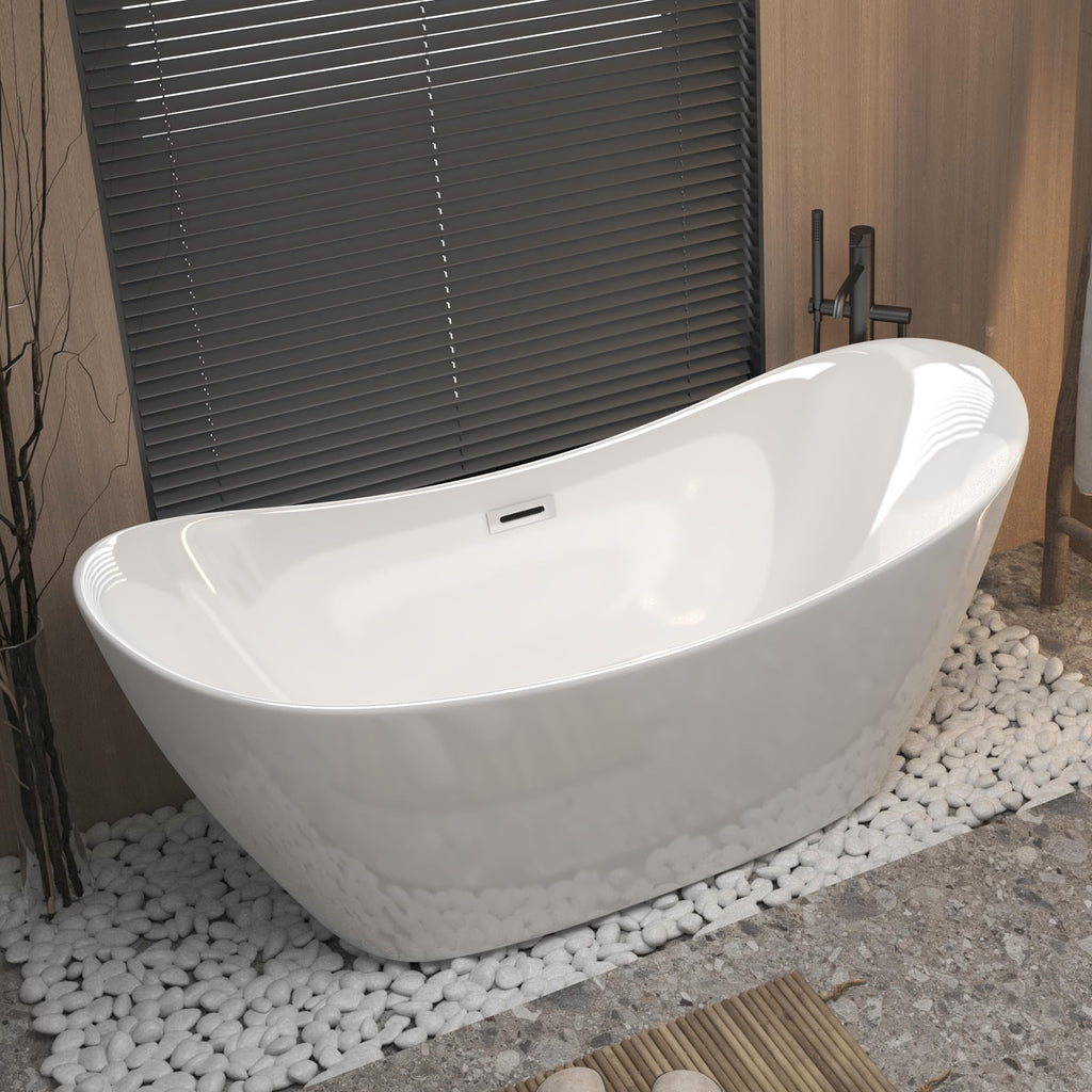 GDFStudio 67" Acrylic Freestanding Bathtub with Diamond Pattern, Modern Oval Soaking Tub, Freestanding Bath Spa Tub, Brushed Nickel Overflow & Pop-Up Drain, cUPC Certified, Glossy White