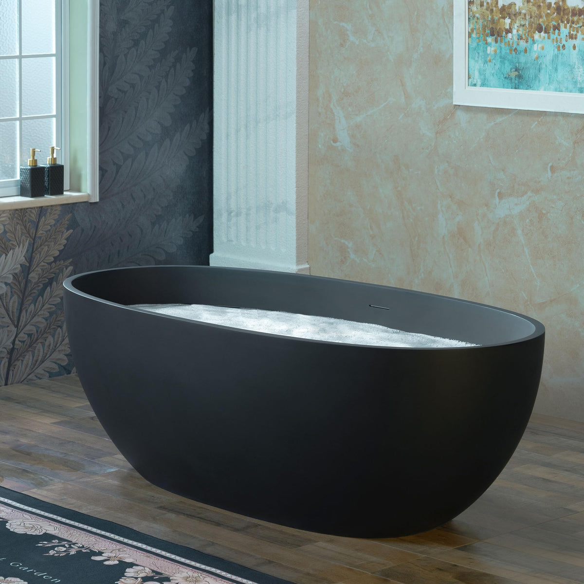 WOODBRIDGE 61" Stone Resin Freestanding Soaking Tub, Modern Oval Solid Surface Bathtub with Integrated Slotted Overflow & Drain, Matte White