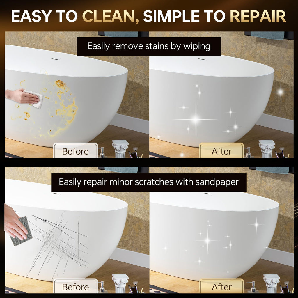 WOODBRIDGE 61" Stone Resin Freestanding Soaking Tub, Modern Oval Solid Surface Bathtub with Integrated Slotted Overflow & Drain, Matte White