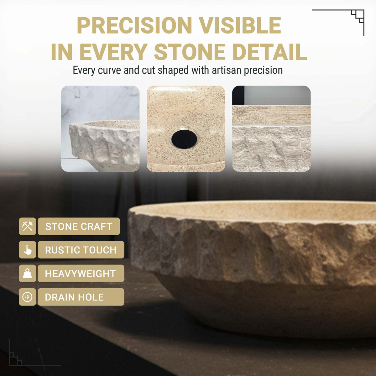 Oval Travertine Vessel Sink â Natural Stone Wash Basin, Hand-Carved Bathroom Sink with Chiseled Exterior & Polished Interior, Above Counter Vanity Basin (Includes Matching Soap Tray)