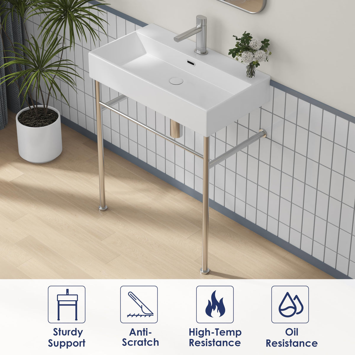 Eridanus 24"x16" Console Bathroom Sink, Free Standing 30 Inch Stainless Steel Support Pedestal Legs, Wall Mount White Vessel Ceramic Vanity Basin, Modern Rectangular Sinks Porcelain, Matte Black