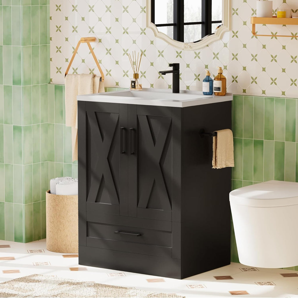 JUMMICO 24" Bathroom Vanity with Sink, Bathroom Storage Cabinet, Black
