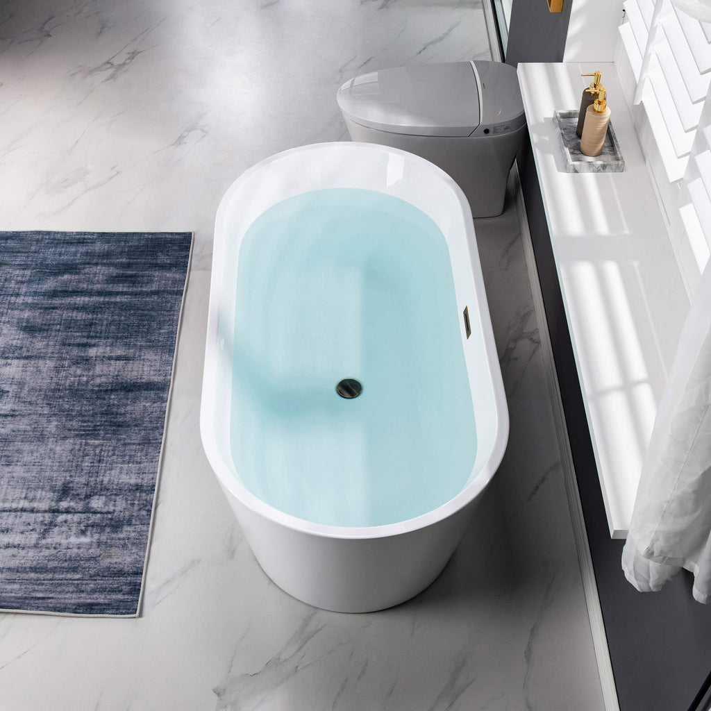 WOODBRIDGE 54" Acrylic Freestanding Bathtub Contemporary Soaking White Tub with Brushed Gold Overflow and Drainï¼BTA1702-BG