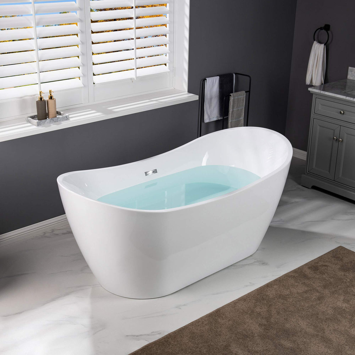 WOODBRIDGE 67" Acrylic Freestanding Bathtub Contemporary Soaking White Tub with Matte Black Overflow and Drain,B0010-MB-Drain &O