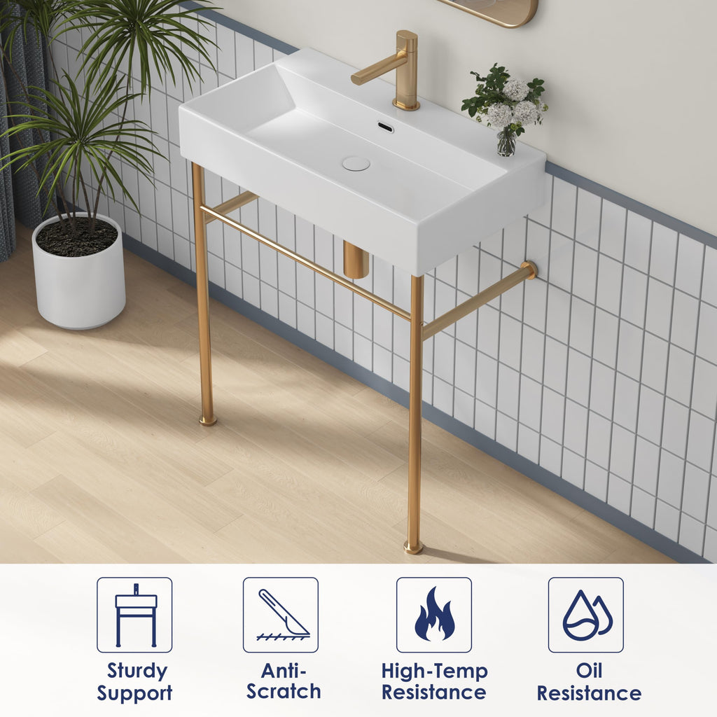 Eridanus 24"x16" Console Bathroom Sink, Free Standing 30 Inch Stainless Steel Support Pedestal Legs, Wall Mount White Vessel Ceramic Vanity Basin, Modern Rectangular Sinks Porcelain, Matte Black