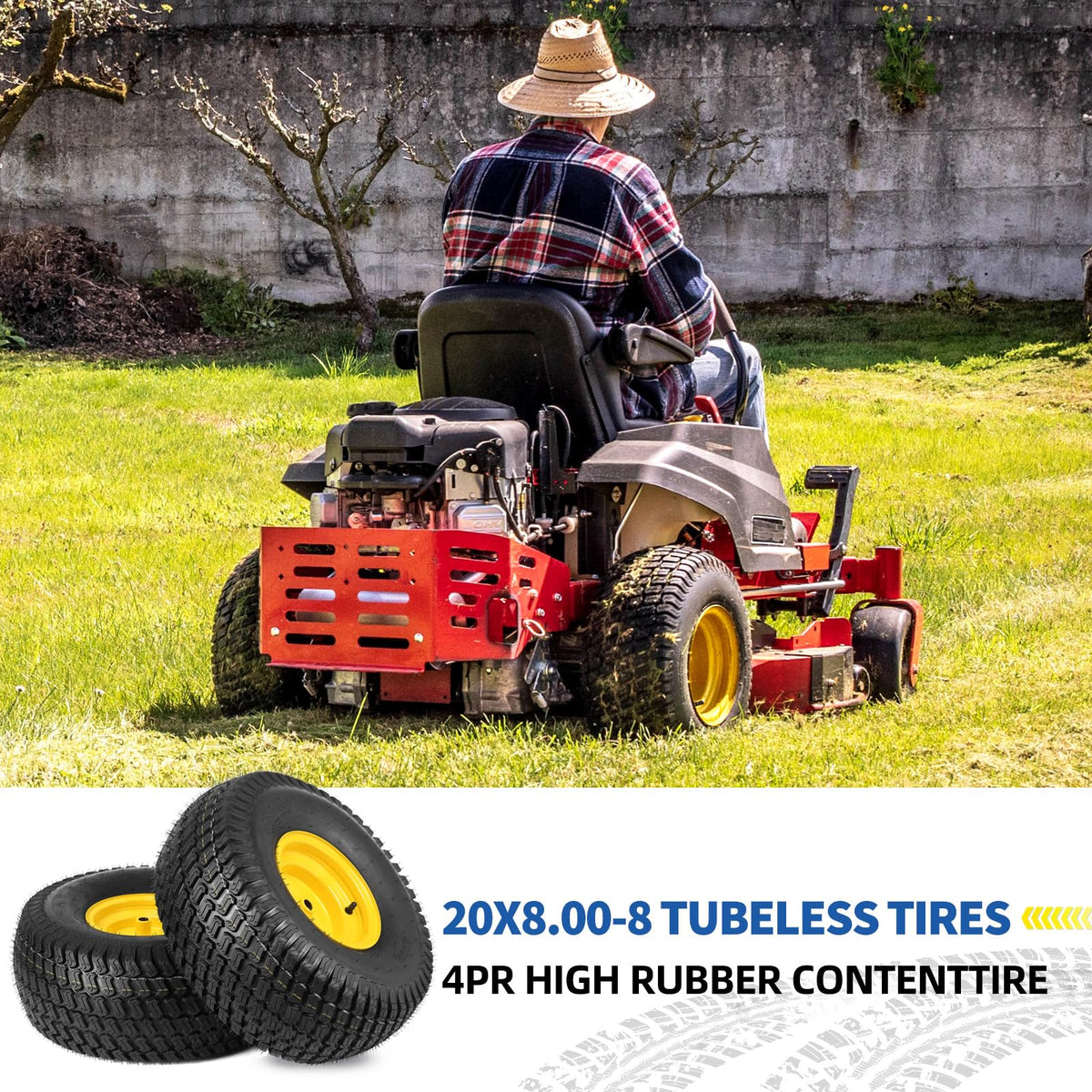GICOOL 20x10.00-8 Lawn Mower Tire and Wheel, 3/4" Borehole, and 3/16" Keyway, 3.5" Offset Hub, 4 Ply Tubeless Tire, Replacement 20x10-8nhs Riding Lawn Mower and Tractor Rear Tire and Wheel Assemblies