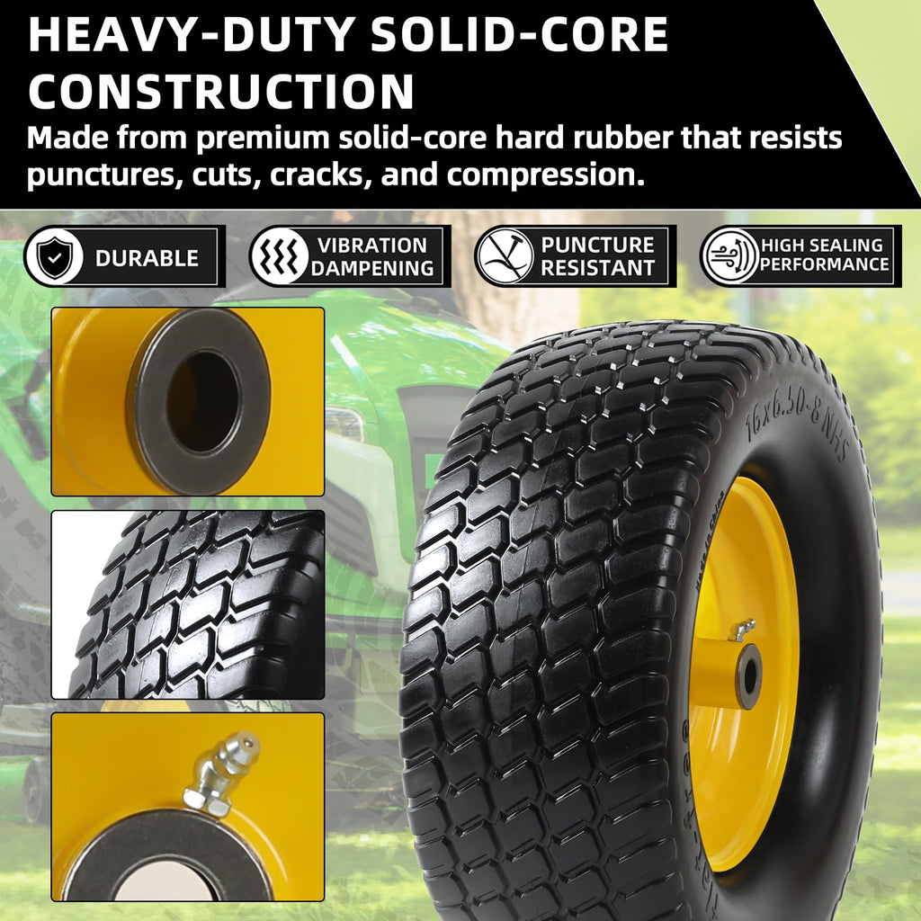 AR-PRO (2-Pack) 16x6.50-8 Flat-Free Tire and Wheel Assemblies, Relacement 16x6.5-8 Solid Turf Tire with Rim for Garden Tractor Riding Lawn Mowers, 3" Offset Hub and 3/4" Bushings