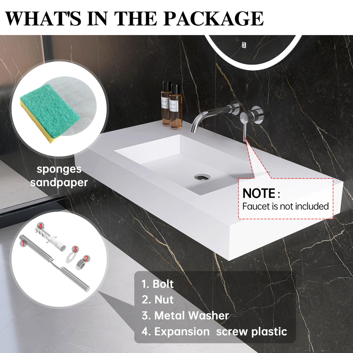 47" Wall Mount Sink, Artificial Stone Bathroom Sink, Single Hole
