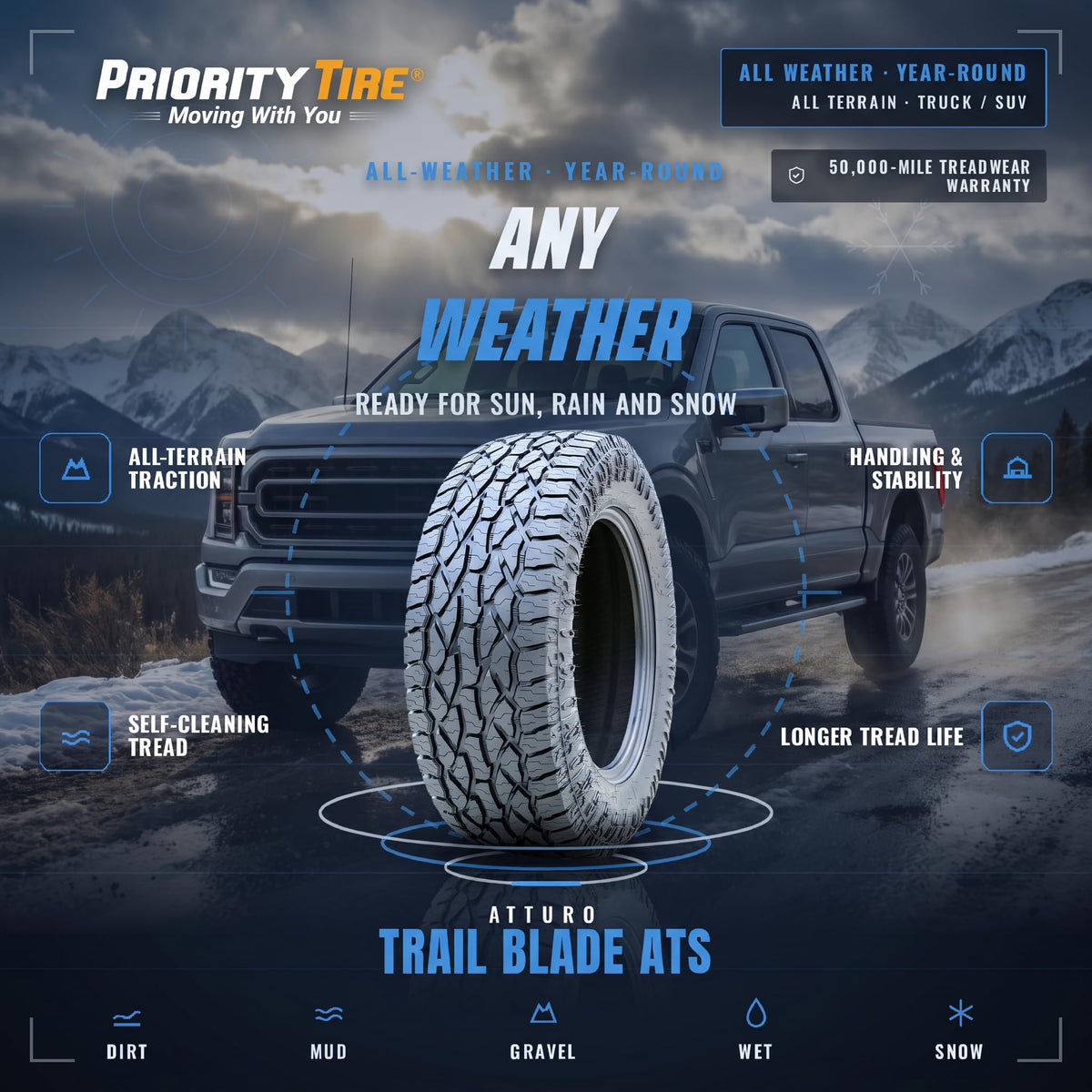 Atturo Trail Blade ATS A/T Truck/SUV All-Terrain Off-Road Radial Tire-275/60R20 275/60/20 275/60-20 116T Load Range XL 4-Ply BSW Black Side Wall