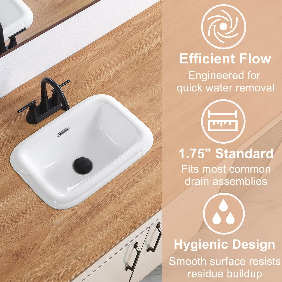 23" Drop-in Bathroom Sink with 8" Widespread 3 Hole Ceramic Basin