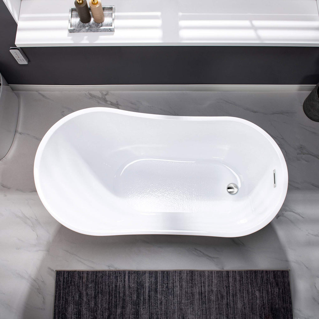 WOODBRIDGE 54"Freestanding White Acylic Soaking Bathtub with Brushed Nickel Drain and Overflow,BTA1507 -B/N-Drain &O
