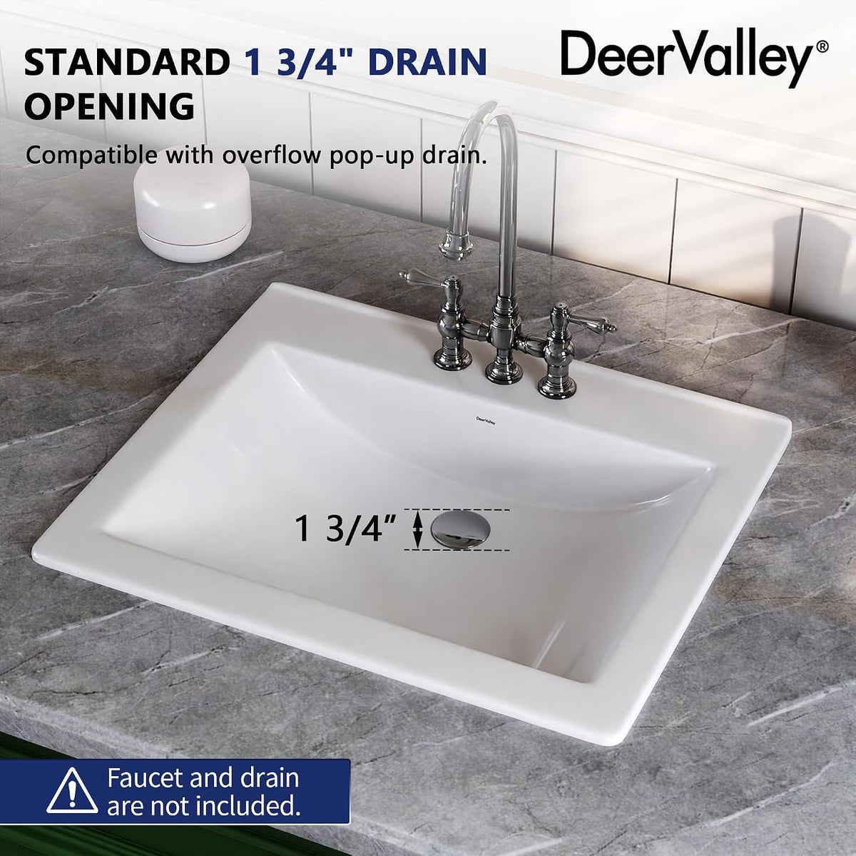 DeerValley Drop In Bathroom Sink White 21"x18" Rectangle Sleek 3-Hole Basin