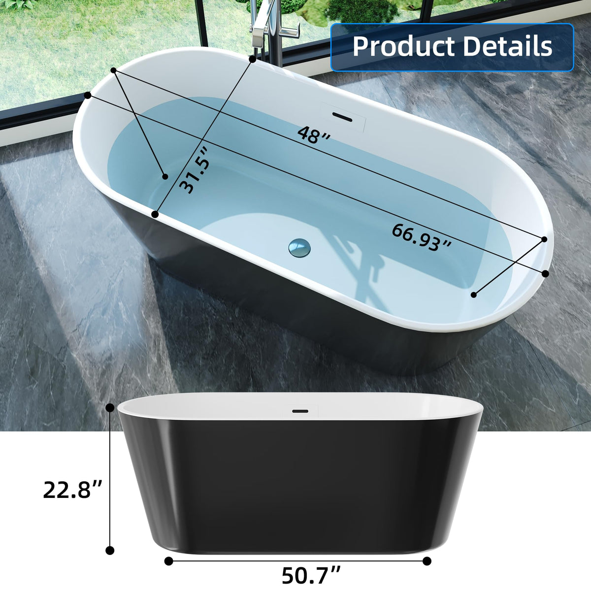 59" Acrylic Freestanding Bathtub, Modern Soaking Tub with Matte Drain and Overflow, Ergonomic Deep Design, Double-Walled Insulation, CUPC Certified, Easy Clean, Slip-Resistant, Gloss White