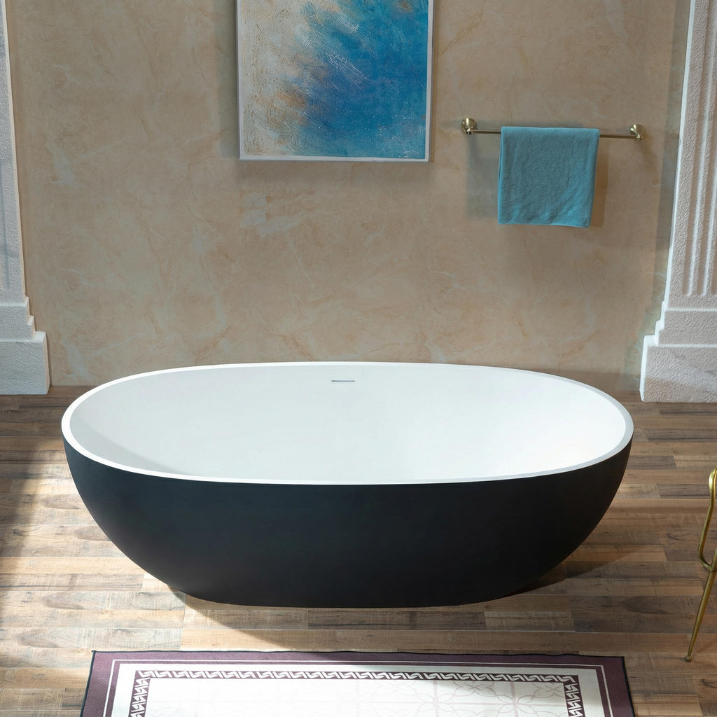 WOODBRIDGE 61" Stone Resin Freestanding Soaking Tub, Modern Oval Solid Surface Bathtub with Integrated Slotted Overflow & Drain, Matte White