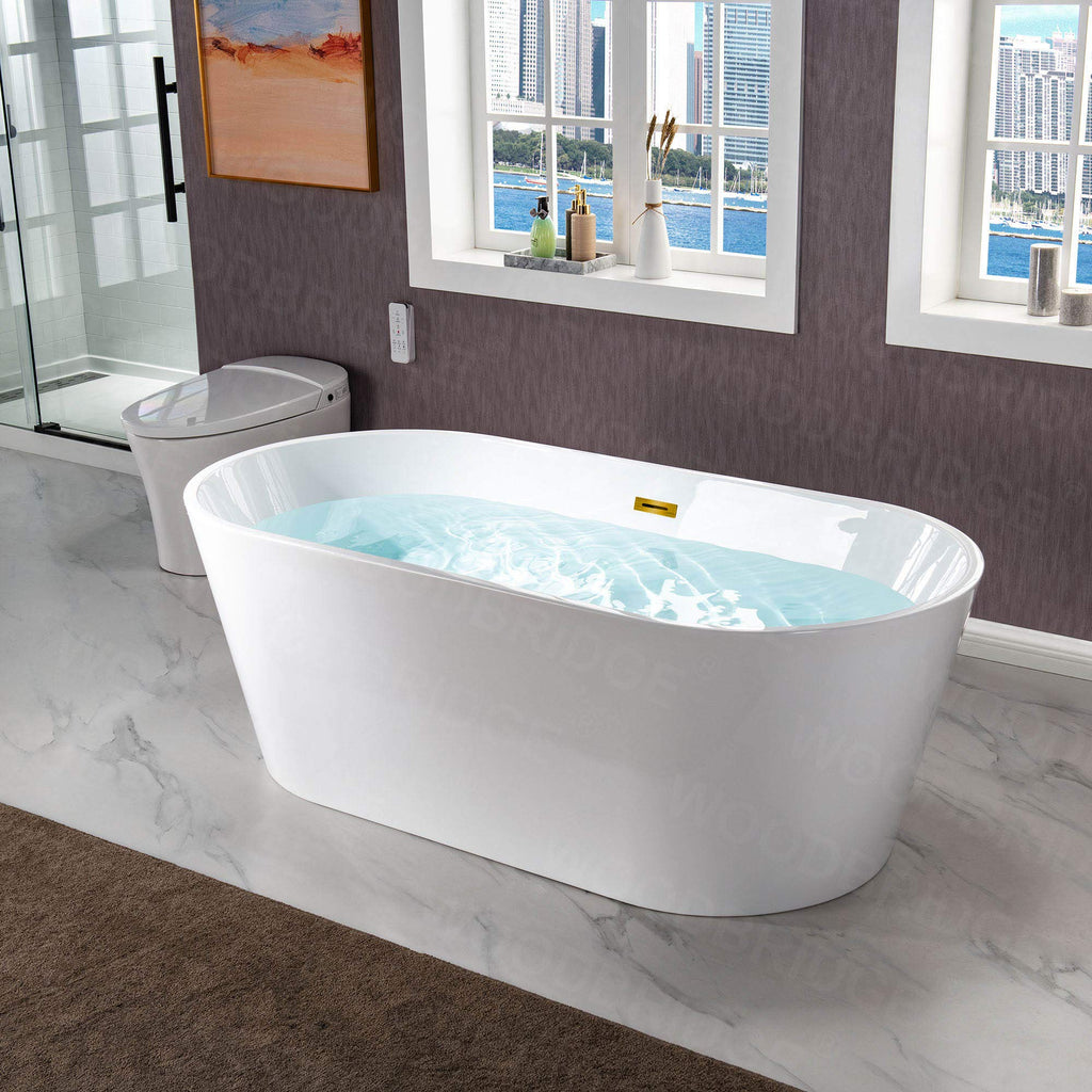 WOODBRIDGE 54" Acrylic Freestanding Bathtub Contemporary Soaking White Tub with Matte Black Overflow and Drain,BTA1702-MB