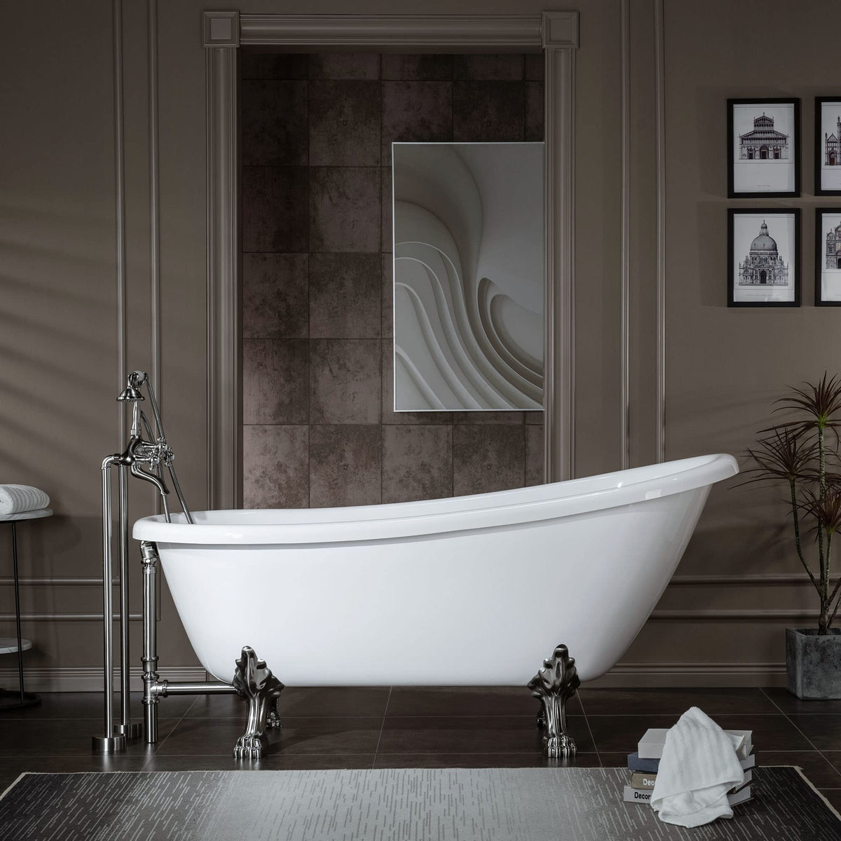 WOODBRIDGE 67" Heavy Duty Acrylic Slipper Clawfoot Bath Tub with Matte Black Feet + Matte Black Drain &Overflow
