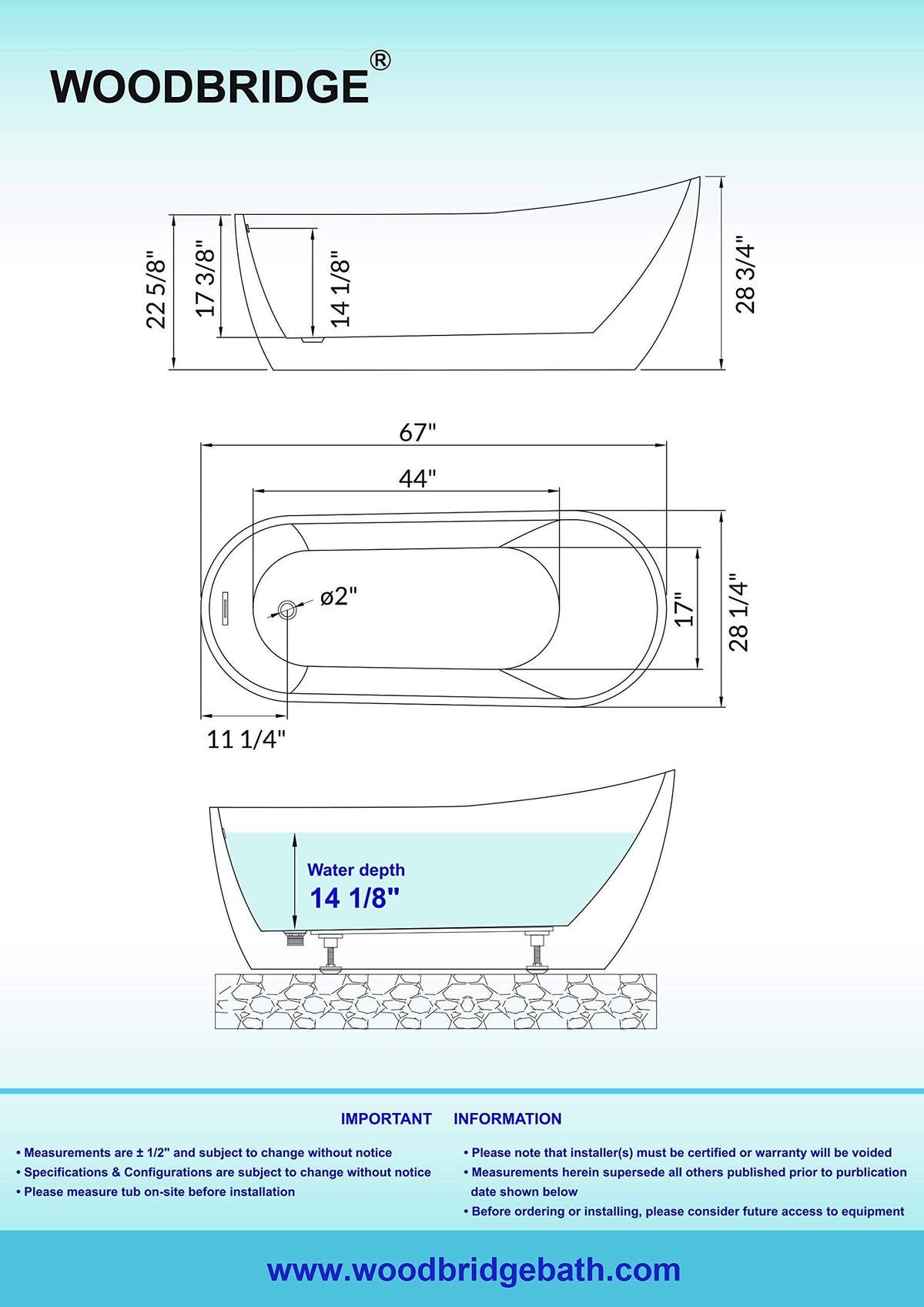 WOODBRIDGE 54"Freestanding White Acylic Soaking Bathtub with Brushed Nickel Drain and Overflow,BTA1507 -B/N-Drain &O