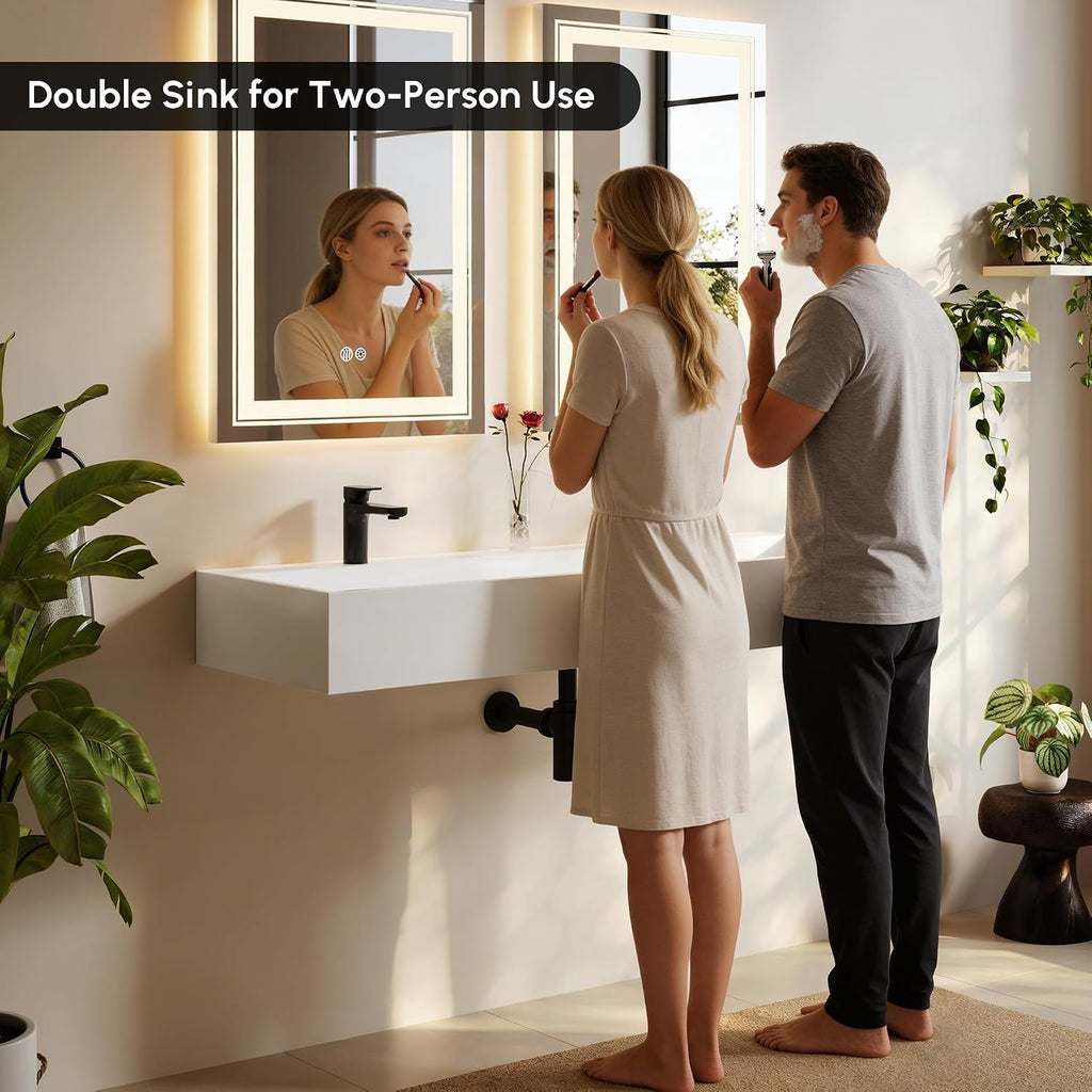 47'' Bathroom Vessel Sink Double-Bowl Bathroom Sink Wall Mounted Trough Floating Sink in Matte White